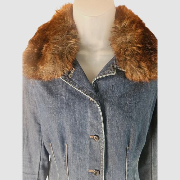 Ralph Lauren Denim Jacket Sz Sm Y2K Faux Fur Stitching Button Up - Picture 2 of 6